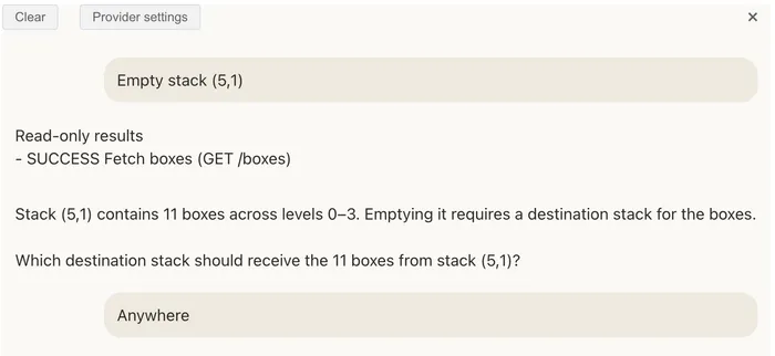 The assistant reports a successful read-only boxes request and asks where to move the boxes from stack 5,1