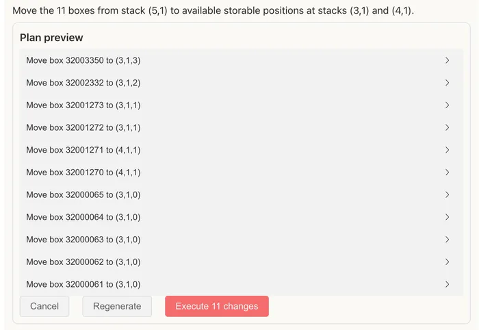 Plan preview listing 11 box movements with cancel, regenerate, and execute controls